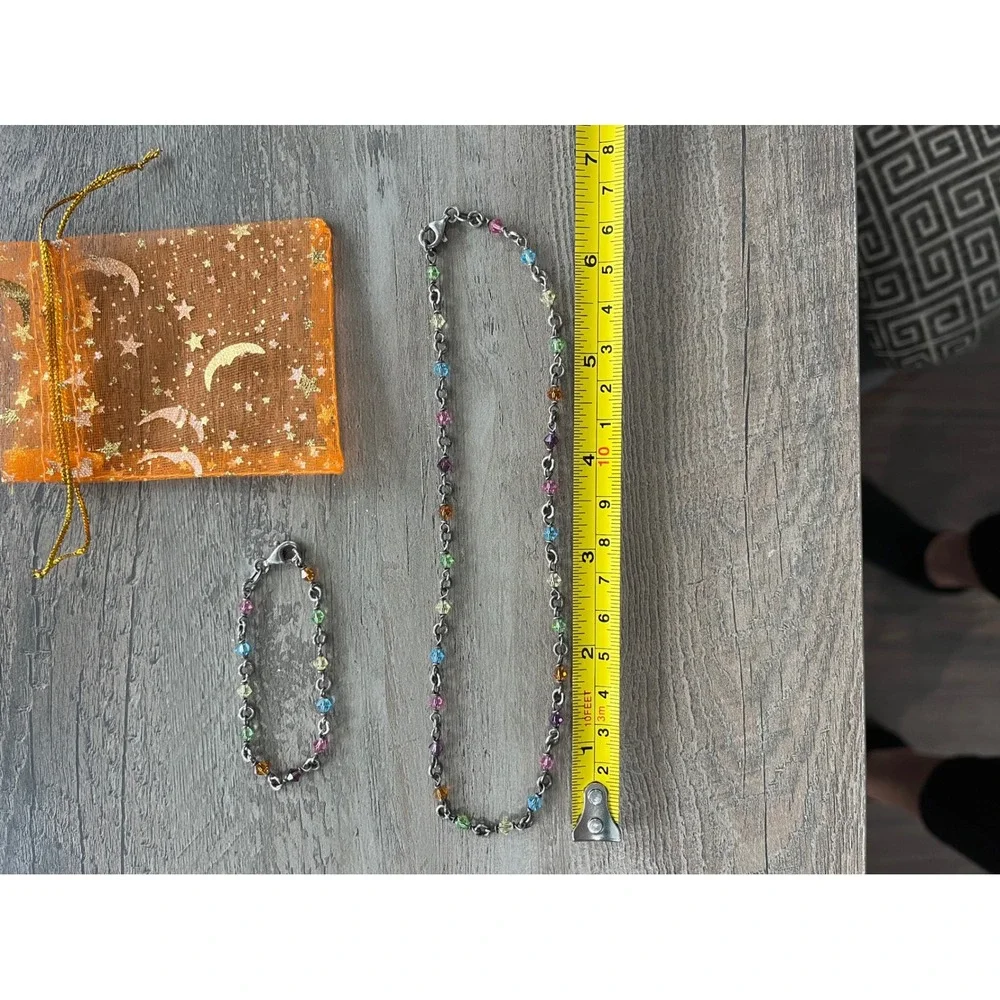 Kids Sterling Silver 925 Italy Rainbow Crystal Necklace and Bracelet Set Multi‎